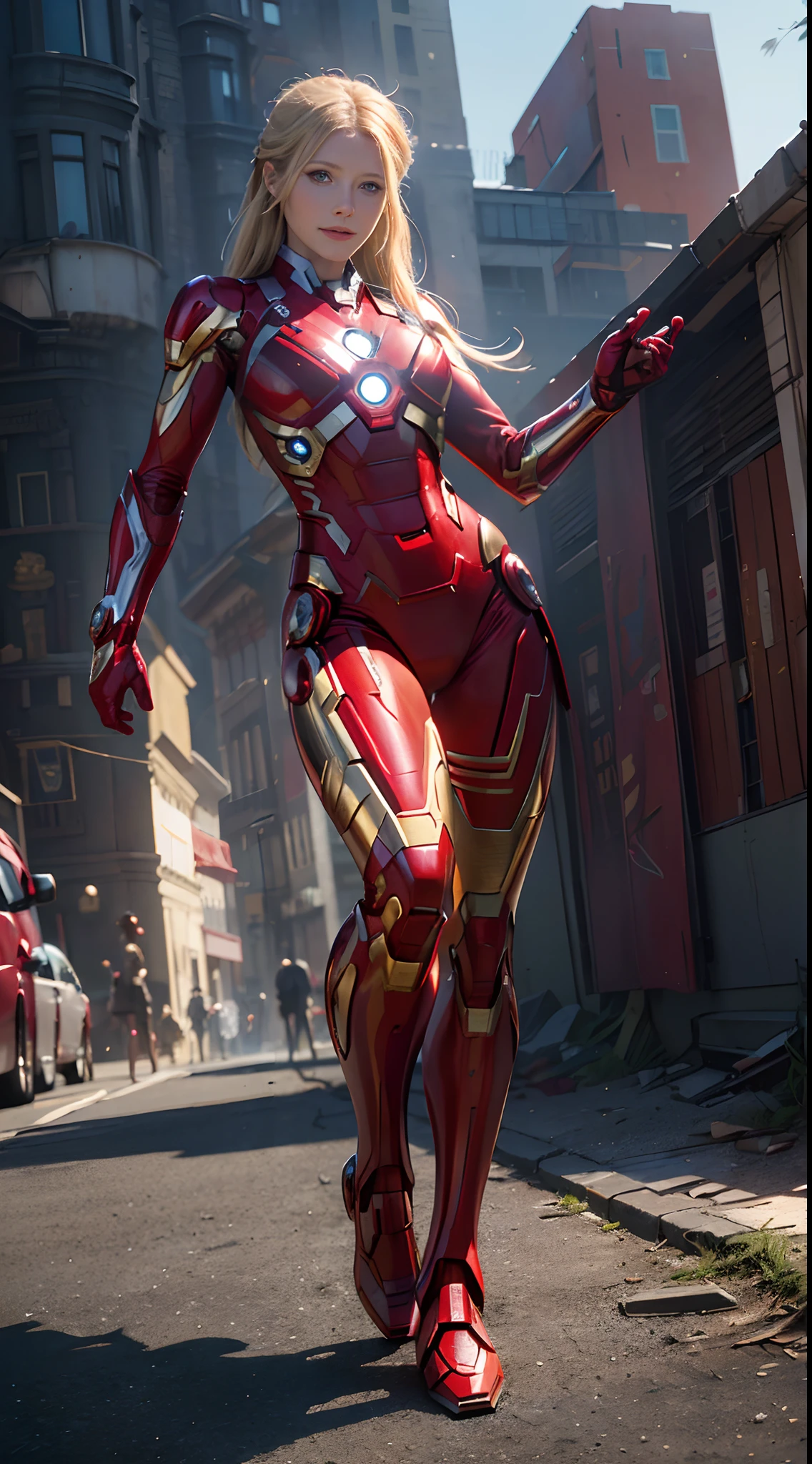 1girl, full body shot, Gwyneth Paltrow as  Ironman (from marvel studios), red Ironman suit, smile, look at viewer, (masterpiece, best quality, detailed cloth texture, beautiful detailed face, intricate details, ultra detailed),  blonde hair, ((landing on the ground pose)), (random angles), (Best quality, A high resolution, Photorealistic, primitive, buildings destroyed, abstract background, (8K,Masterpiece, ),Best quality, Masterpiec8K.hdr. High ribs:1.2, filmgrain, Blur bokeh:1.2, Lens flare, (vivd colour:1.2), (Delicate),