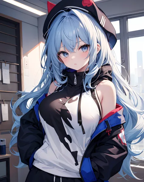 tmasterpiece，1girll，独奏，long whitr hair，blue hairs，hoody，cropped shoulders：1.2，Mob caps，Bedrooms，hand on hips，hand on pockets，huge tit