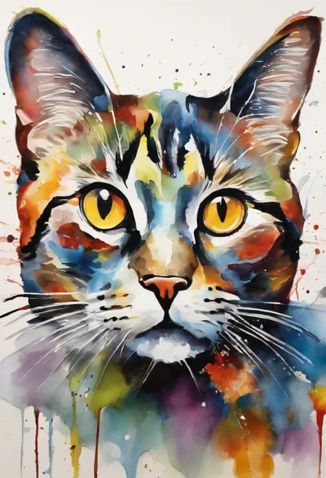 Cute cat face painting,,Thick oil art，On a colorful background, abstracted , Abstract portrait, Stylized face, pop art painting, Dripping paint，Expressive detail face, Expressive cat, inspired by Picasso, pop art painting, Beautiful expressive painting, in...