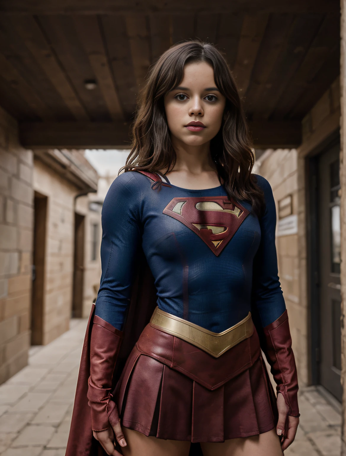 Foto de jortega, vestida em uniforme de supergirl, somente, olhos azuis, Corte de pelo bob inverso, seios grandes, câmera frontal, Corredor exterior aberto com paredes e pisos de pedra, atmosfera acolhedora, Cineasta, sessão de fotos, Capturado pela Panavision Panaflex Platinum Camera com Panavision Primo Primes 75mm T1 Spherical Lens.9