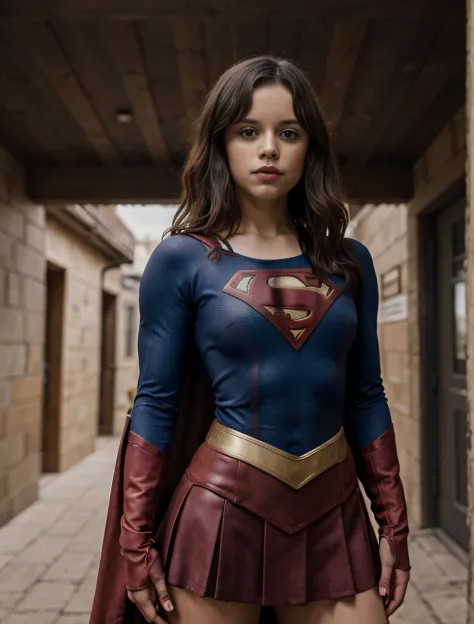 Foto de jortega, vestida em uniforme de supergirl, somente, olhos azuis, Corte de pelo bob inverso, seios grandes, facing-camera...