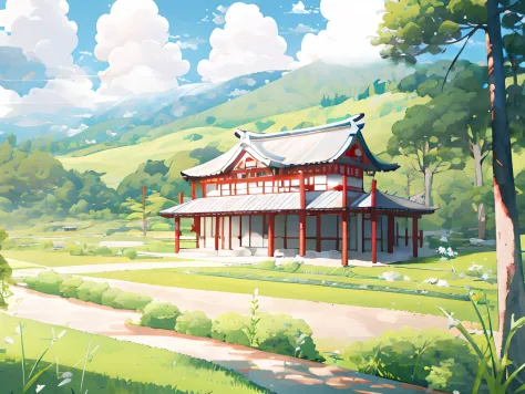 (Japanese landscape), (Hayao Miyazaki Style), cartoon, modern countryside, roads, curves, low houses, trees, poles, white clouds...