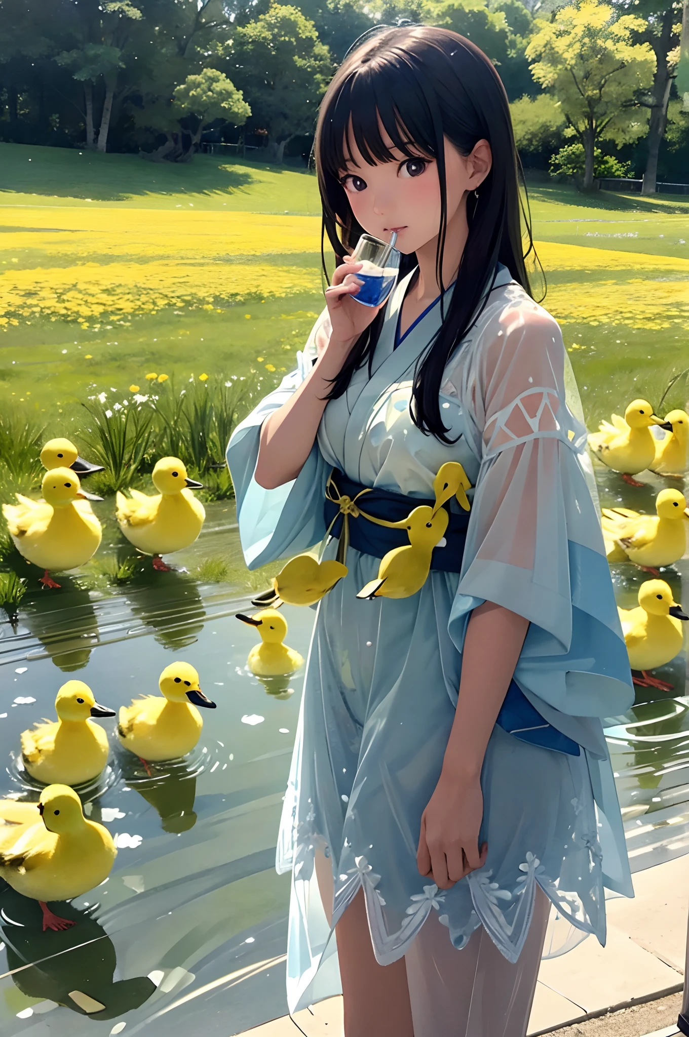 アラフィー日本人モデル, 超現実的な,2人の女の子,いやらしい:1.5, 牧草地にいる黄色いアヒルの子の横で、氷がたっぷり入ったグラスに入った水を飲む,シースルーコスチューム,刺繍模様,
