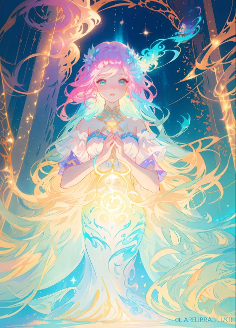 beautiful girl, puffy tiered layered ballgown, magical forest, vibrant pastel colors, (colorful), glowing golden long hair, magical lights, sparkling magical liquid, inspired by Glen Keane, inspired by Lois van Baarle, disney art style, by Lois van Baarle,...