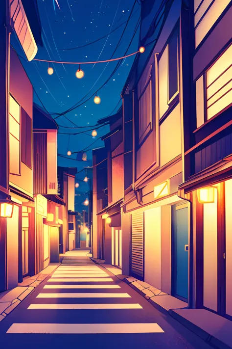 simple anime retro city back alley, slumber, nightsky, streetlights, surreal, japan