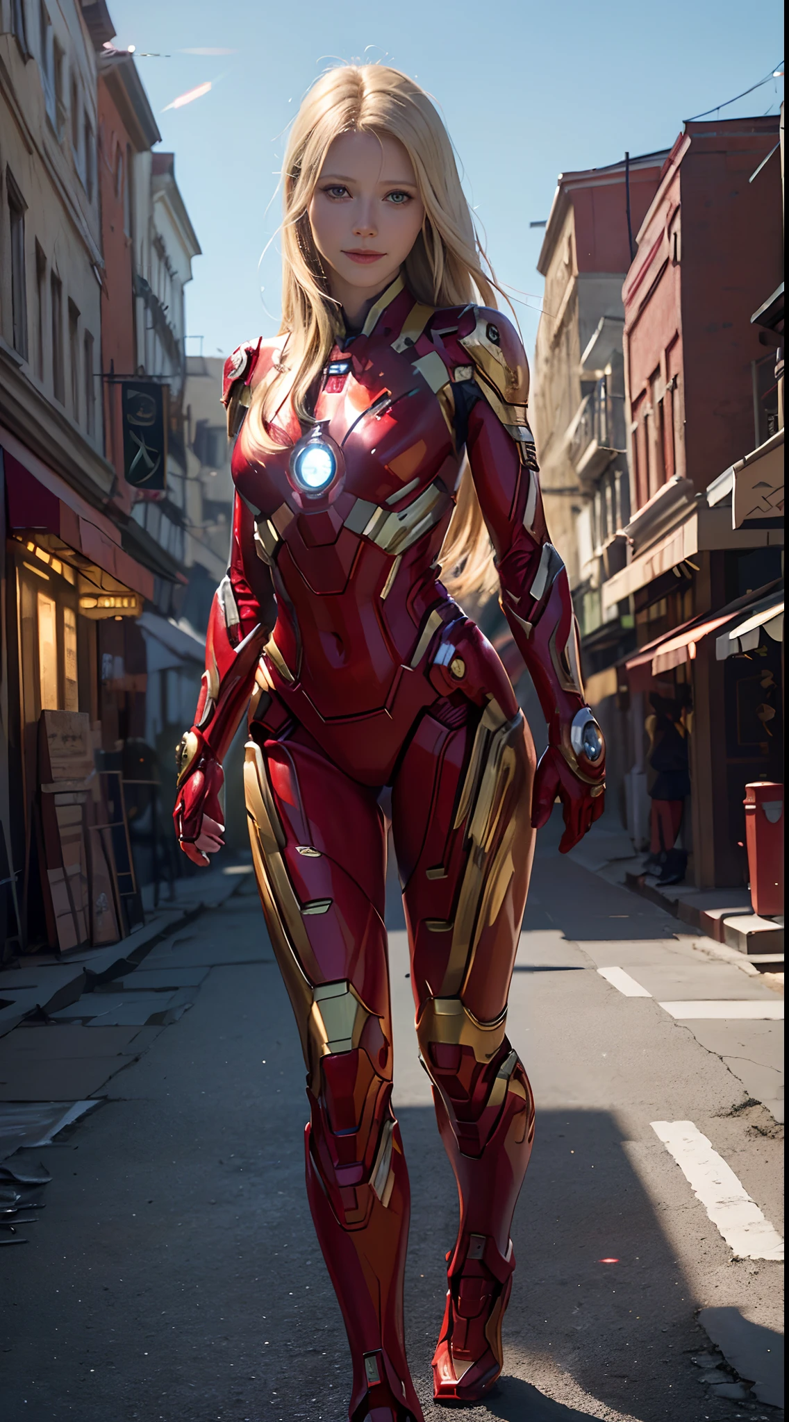 1girl, full body shot, Gwyneth Paltrow as  Ironman (from marvel studios), red Ironman suit, smile, look at viewer, (masterpiece, best quality, detailed cloth texture, beautiful detailed face, intricate details, ultra detailed),  blonde hair, sun glasses, ((landing on the ground pose)), (random angles), (Best quality, A high resolution, Photorealistic, primitive, buildings destroyed, abstract background, (8K,Masterpiece, ),Best quality, Masterpiec8K.hdr. High ribs:1.2, filmgrain, Blur bokeh:1.2, Lens flare, (vivd colour:1.2), (Delicate),