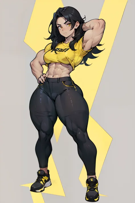1girl) pale skin huge breasts muscular toned bodythick thighs black hair  yellow eyes (tight shirt and pants full body long hair) bodybuilder - SeaArt  AI