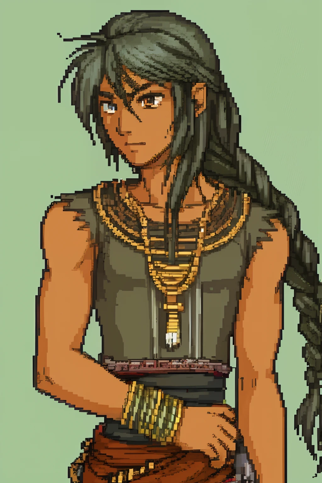 A pixel art of a woman with long hair and a necklace - SeaArt AI