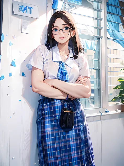 there is a woman standing in front of a window with a sign, student, full body shot, fullbody shot, wearing a white arm shirt an...