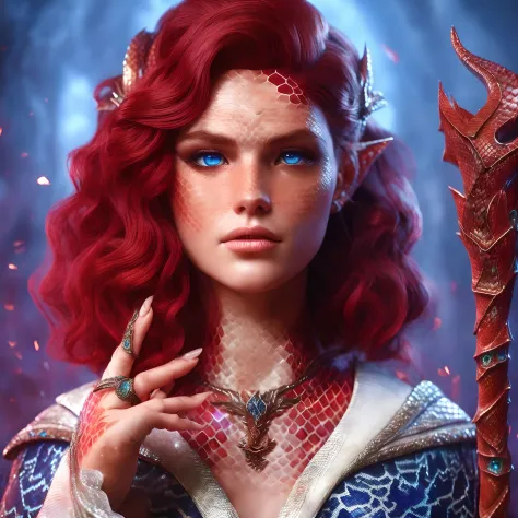 Her red hair falls in waves to her shoulders, His skin displays subtle scales, a result of his draconian ancestry, emitting a discreet glow.  The blue eyes, with serpentine pupils. ((Dragon scales)), ((fish scales)), (Realistic), (8k)