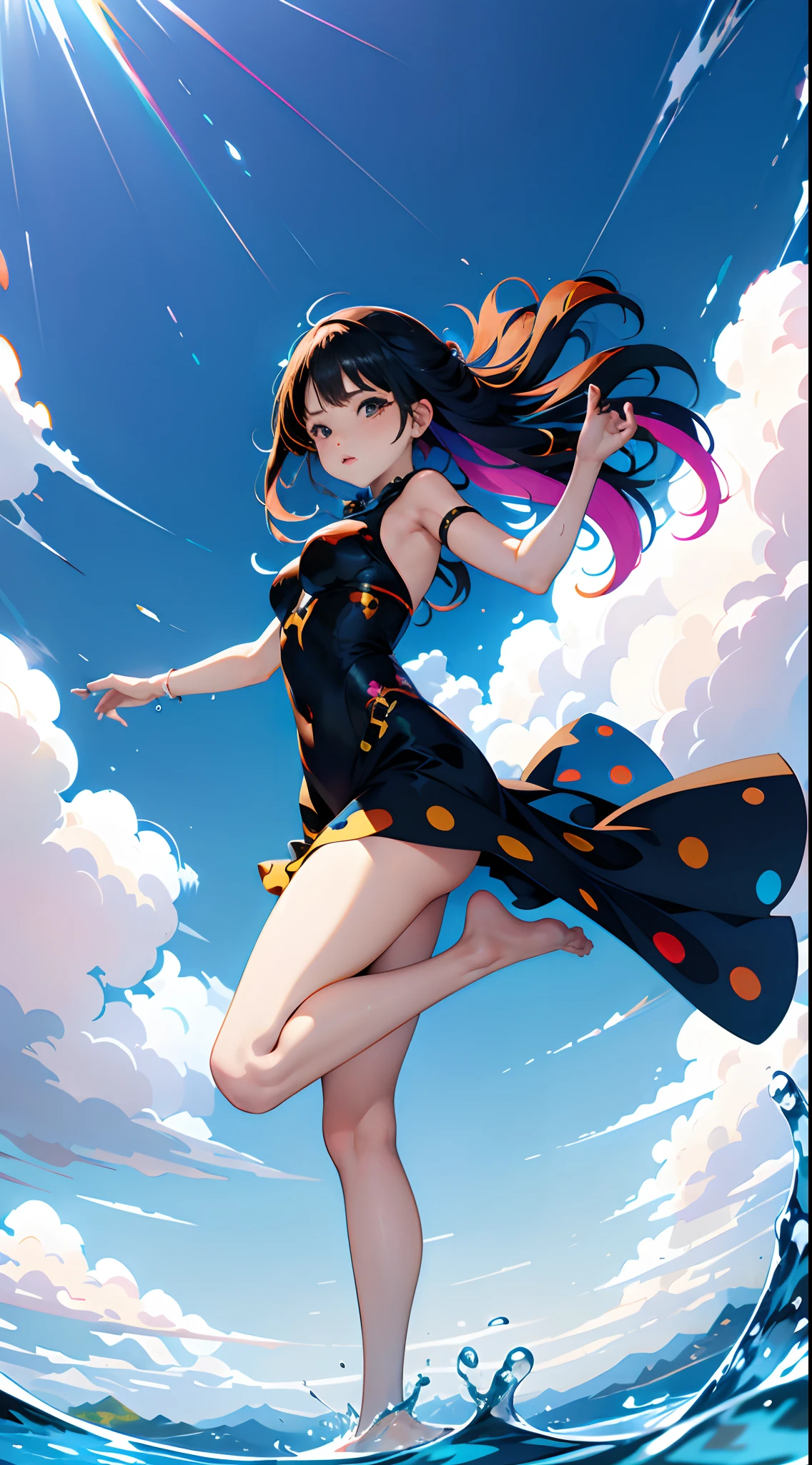 (ultra detailed,ultra high res,detailed background),((2D)),((flat color)),((colorful)),((floating colorful water)),1girl,solo,looking at viewer,BREAK