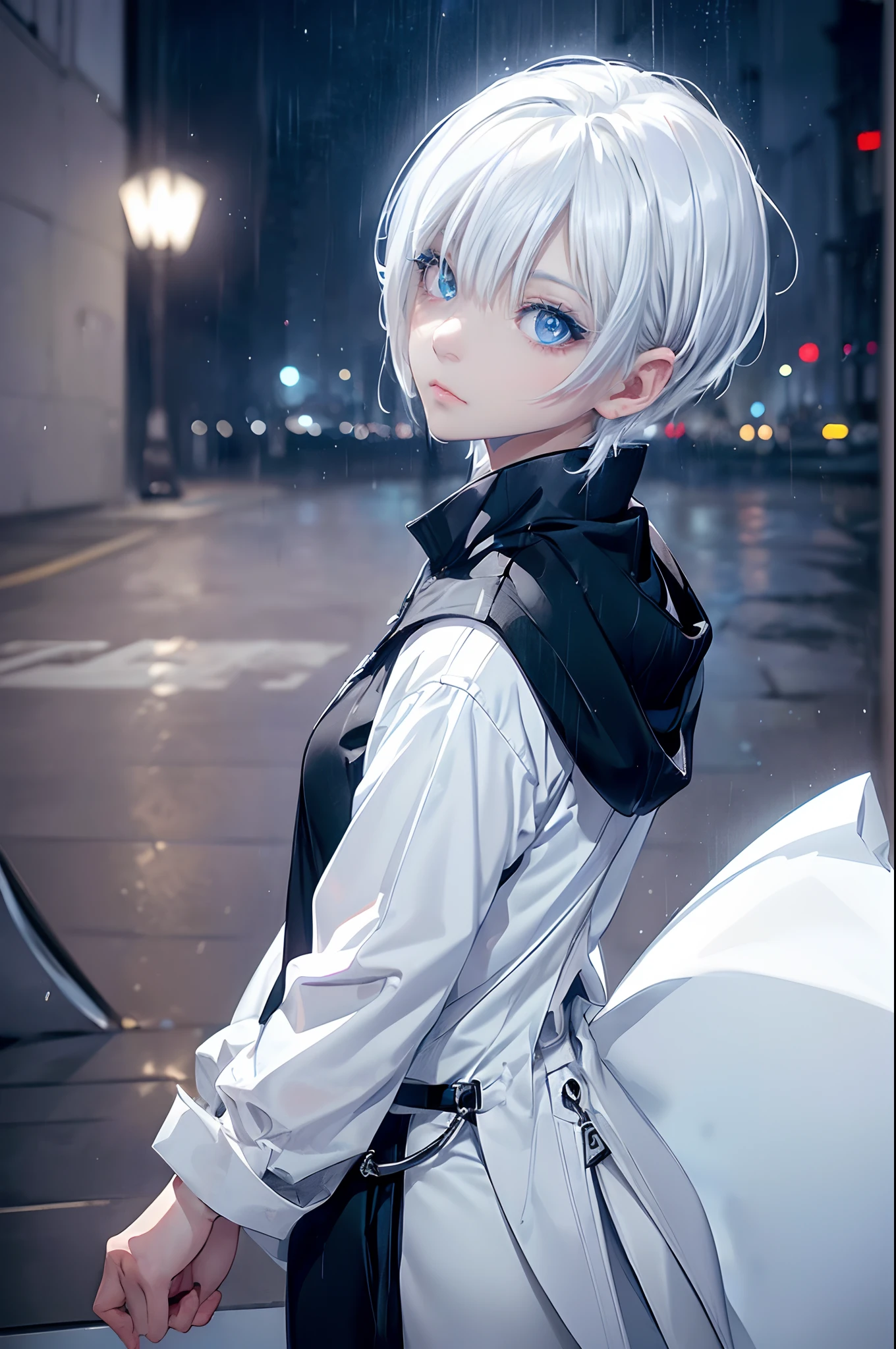 ((4K works))、​masterpiece、(top-quality)、1 beutiful girl、Slim body、tall、((Black Y-shirt and white pants、Charming street style))、Please wear one jacket、Wearing a hood、(Detailed beautiful eyes)、Morning City、((Rainy city))、Fashionable city with morning rain、During the walk、((Face similar to Carly Rae Jepsen))、((Short-haired white hair))、((Smaller face))、((Neutral face))、((Bright blue eyes))、((American adult women))、((Adult female 2))、((cool lady))、((Like a celebrity))、((Lonely look))、((Korean Makeup))、((elongated and sharp eyes))、((Happy dating))、((boyish))、((Upper body photography))、Professional Photos、((Model photo))、((Shot alone))、((She's under the roof))、((Looking up at the sky))、((photographed from the back))、((She is facing upwards))、((Her eyes are looking upwards))、((Increase the angle of the face))、((She walking in front of the viewer))