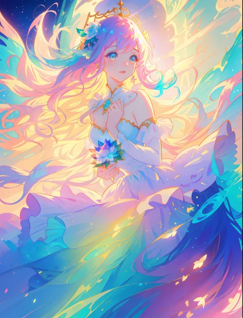 beautiful girl, puffy tiered flower fairy ballgown dress, vibrant pastel colors, (colorful), glowing golden long hair, magical lights, sparkling magical liquid, inspired by Glen Keane, inspired by Lois van Baarle, disney art style, by Lois van Baarle, glow...