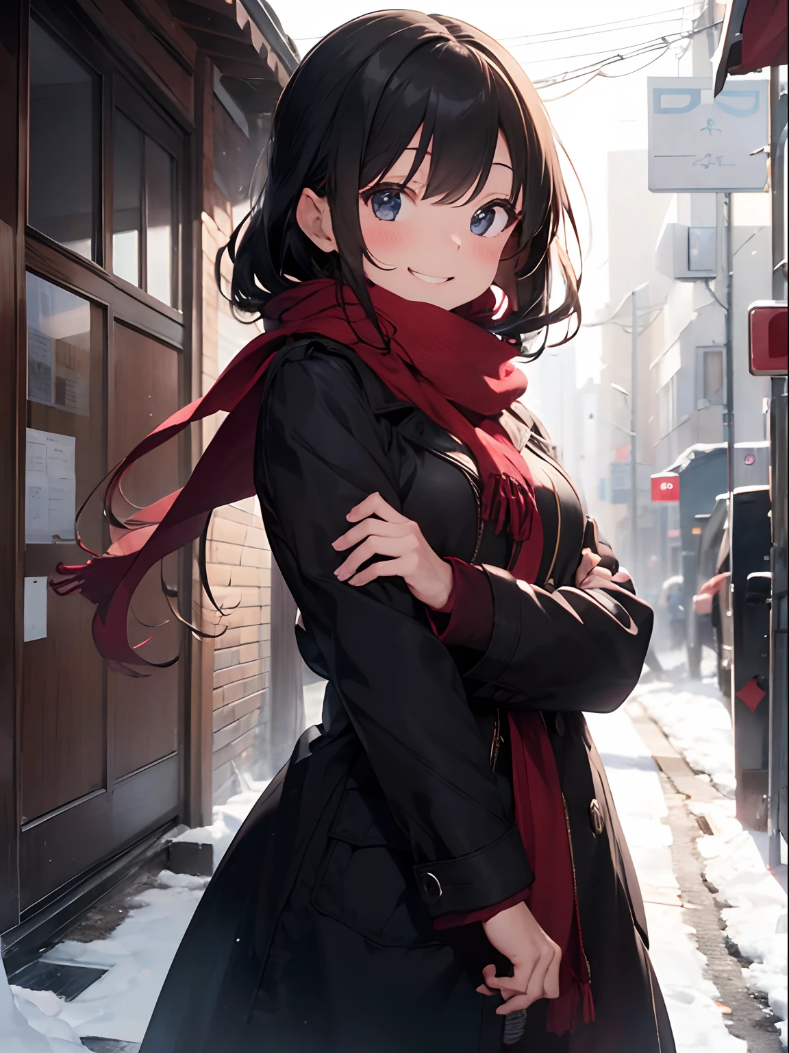 Anime girl in a black dress and red scarf standing in the snow - SeaArt AI