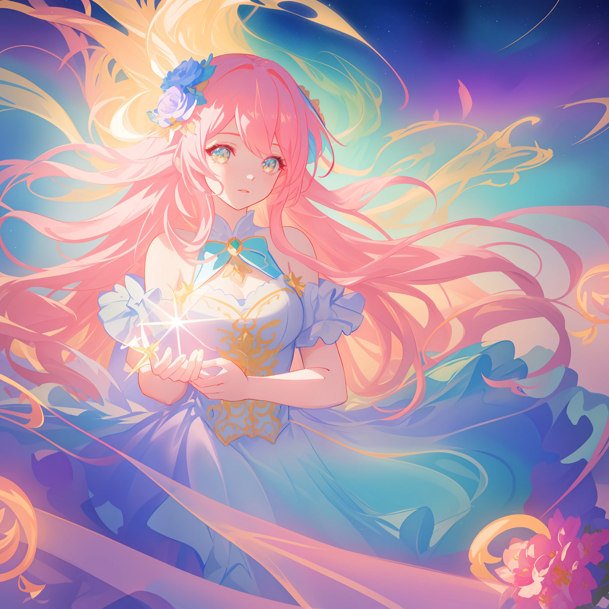 beautiful girl, puffy tiered flower fairy ballgown dress, vibrant pastel colors, (colorful), glowing golden long hair, magical lights, sparkling magical liquid, inspired by Glen Keane, inspired by Lois van Baarle, disney art style, by Lois van Baarle, glowing aura around her, by Glen Keane, jen bartel, glowing lights! digital painting, flowing glowing hair, glowing flowing hair, beautiful digital illustration, fantasia background, whimsical, magical, fantasy, ((beautiful face)), ((masterpiece, best quality)), intricate details, highly detailed, sharp focus, 8k resolution, sparkling detailed eyes, liquid watercolor