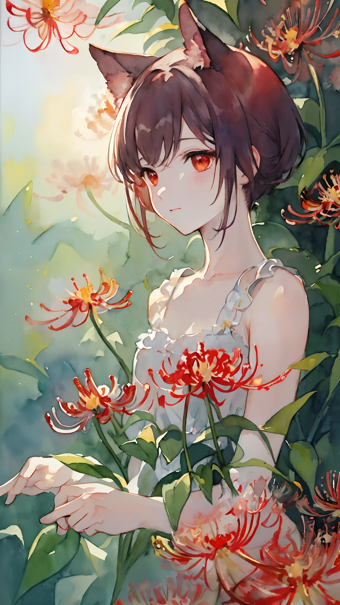 (Best Quality, High resolution, ultra-detailliert: 1.3), (Watercolor painting: 1.3), flower, (Red Spider Lily: 1.3), With a touch of absurd, Break in the impressionist style: 1.4), Gentle brush strokes, Fleeting light, Intriguing atmosphere, Breaks in soft colors, Depth of atmosphere, Hazy edges, Visual poetry: 1.8), She has cat ears