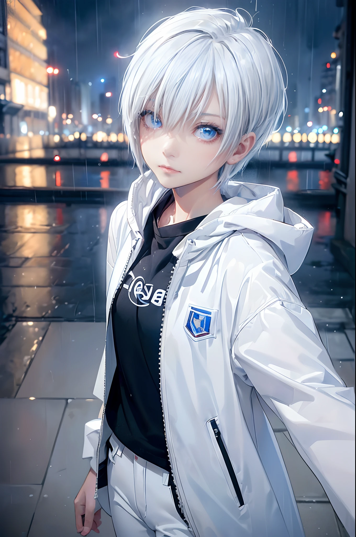 ((4K works))、​masterpiece、(top-quality)、1 beutiful girl、Slim body、tall、((Black Y-shirt and white pants、Charming street style))、Please wear one jacket、Wearing a hood to hide his face、(Detailed beautiful eyes)、Morning City、((Rainy city))、Fashionable city with morning rain、During the walk、((Face similar to Carly Rae Jepsen))、((Short-haired white hair))、((Smaller face))、((Neutral face))、((Bright blue eyes))、((American adult women))、((Adult female 26 years old))、((cool lady))、((Like a celebrity))、((Lonely look))、((Korean Makeup))、((elongated and sharp eyes))、((Happy dating))、((boyish))、((Upper body photography))、Professional Photos、((Model photo))、((Shot alone))、((She's under the roof))、((Looking up at the sky))、((photographed from the back))、((She is facing upwards))、((Her eyes are looking upwards))、((Increase the angle of the face))、((She is walking in front of the viewer))