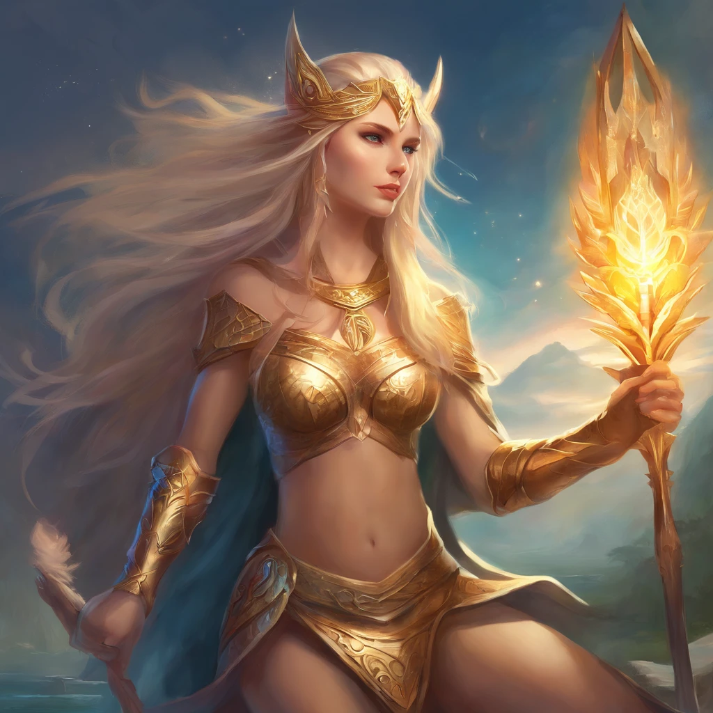 A woman in a gold outfit holding a torch and a staff - SeaArt AI