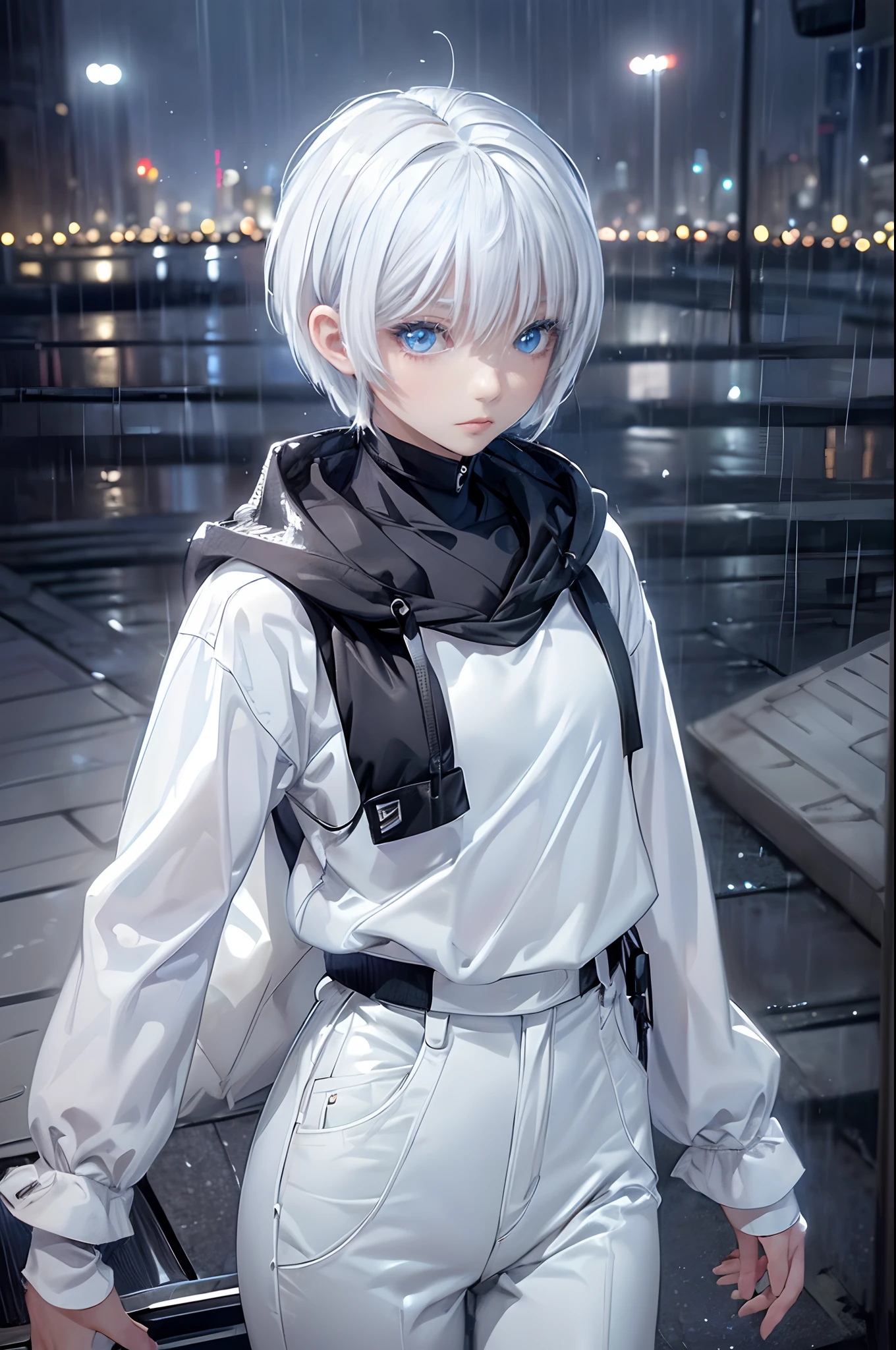 ((4K works))、​masterpiece、(top-quality)、1 beutiful girl、Slim body、tall、((Black Y-shirt and white pants、Charming street style))、Please wear one jacket、Wearing a hood to hide his face、(Detailed beautiful eyes)、Morning City、((Rainy city))、Fashionable city with morning rain、During the walk、((Face similar to Carly Rae Jepsen))、((Short-haired white hair))、((Smaller face))、((Neutral face))、((Bright blue eyes))、((American adult women))、((Adult female 26 years old))、((cool lady))、((Like a celebrity))、((Lonely look))、((Korean Makeup))、((elongated and sharp eyes))、((Happy dating))、((boyish))、((Upper body photography))、Professional Photos、((Model photo))、((Shot alone))、((She's under the roof))、((Looking up at the sky))、((photographed from the back))、((She is facing upwards))、((Her eyes are looking upwards))、((Increase the angle of the face))、((She is walking in front of the viewer))