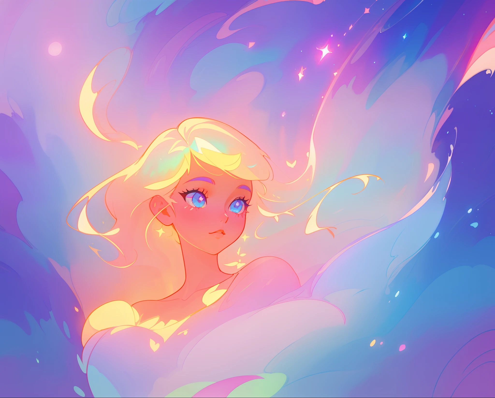 beautiful girl in colorful ballgown dress, vibrant pastel colors, (colorful), magical liquid lights, colorful long hair made of liquid light, sparkling lines of light, inspired by Glen Keane, inspired by Lois van Baarle, disney art style, by Lois van Baarle, glowing aura around her, by Glen Keane, jen bartel, glowing lights! digital painting, flowing glowing hair, glowing flowing hair, beautiful digital illustration, fantasia background, whimsical, magical, fantasy, beautiful face, ((masterpiece, best quality)), intricate details, highly detailed, sharp focus, 8k resolution, sparkling detailed eyes, liquid watercolor