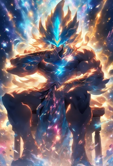 The powerful God of the Galaxy, with a majestic muscular physique and an intriguing appearance, is seated on a magnificent chair. The chair features a masked face design, adding an air of mystery. The camera zooms in on the God's armored body, which is com...