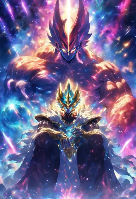 The powerful God of the Galaxy, with a majestic muscular physique and an intriguing appearance, is seated on a magnificent chair. The chair features a masked face design, adding an air of mystery. The camera zooms in on the God's armored body, which is com...