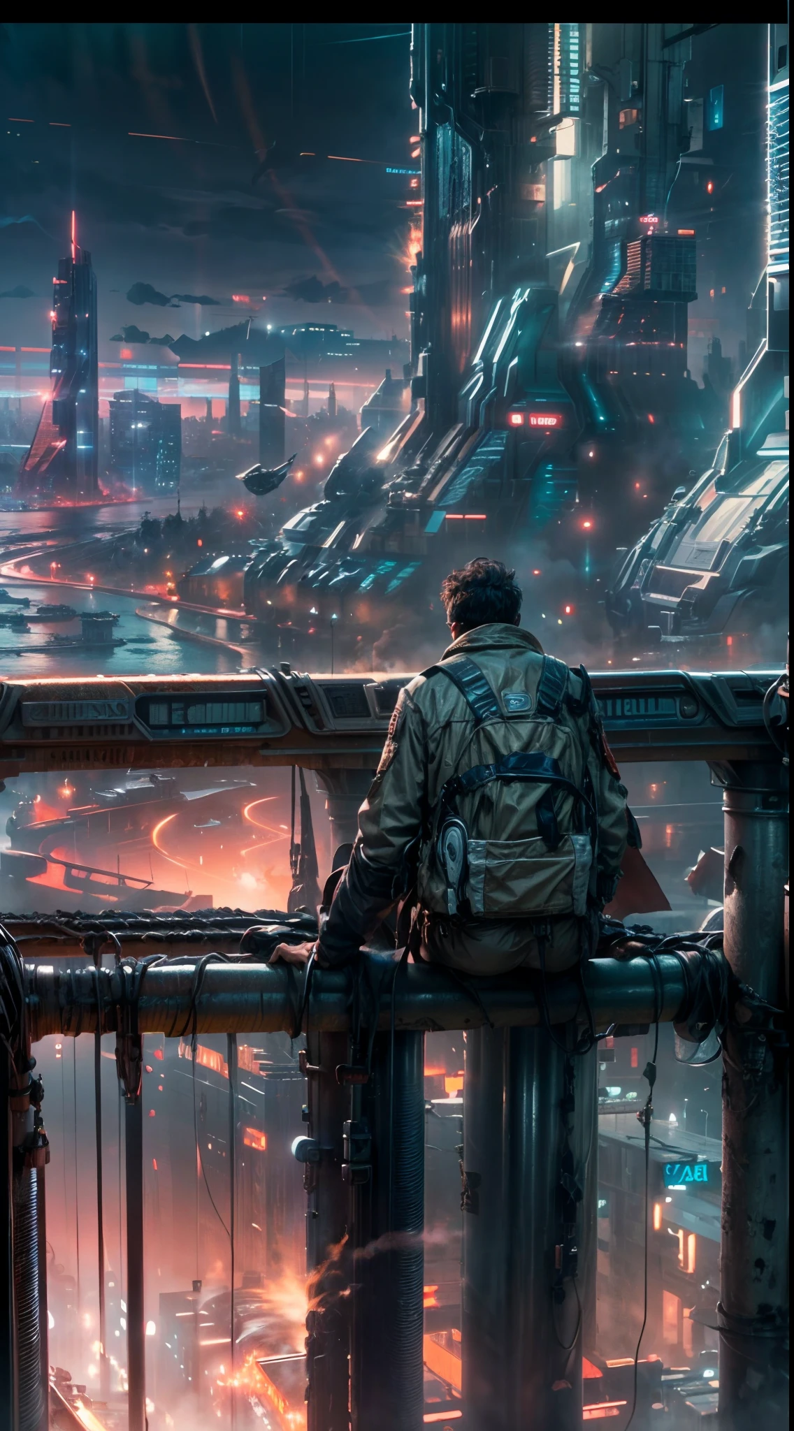 (8k unit wallpaper CG extremely detailed, masterpiece, best quality, ultra-detailed), (((solo)))), ((extremely wide shot:1.15)), a man on a bridge looking at a scifi city in the distance in the background, ((back view)), ((full body)), (high detail), (intricate details), intricate, magnificent scene, detailed environment, highly detailed environment, illustrator, (masterpiece).