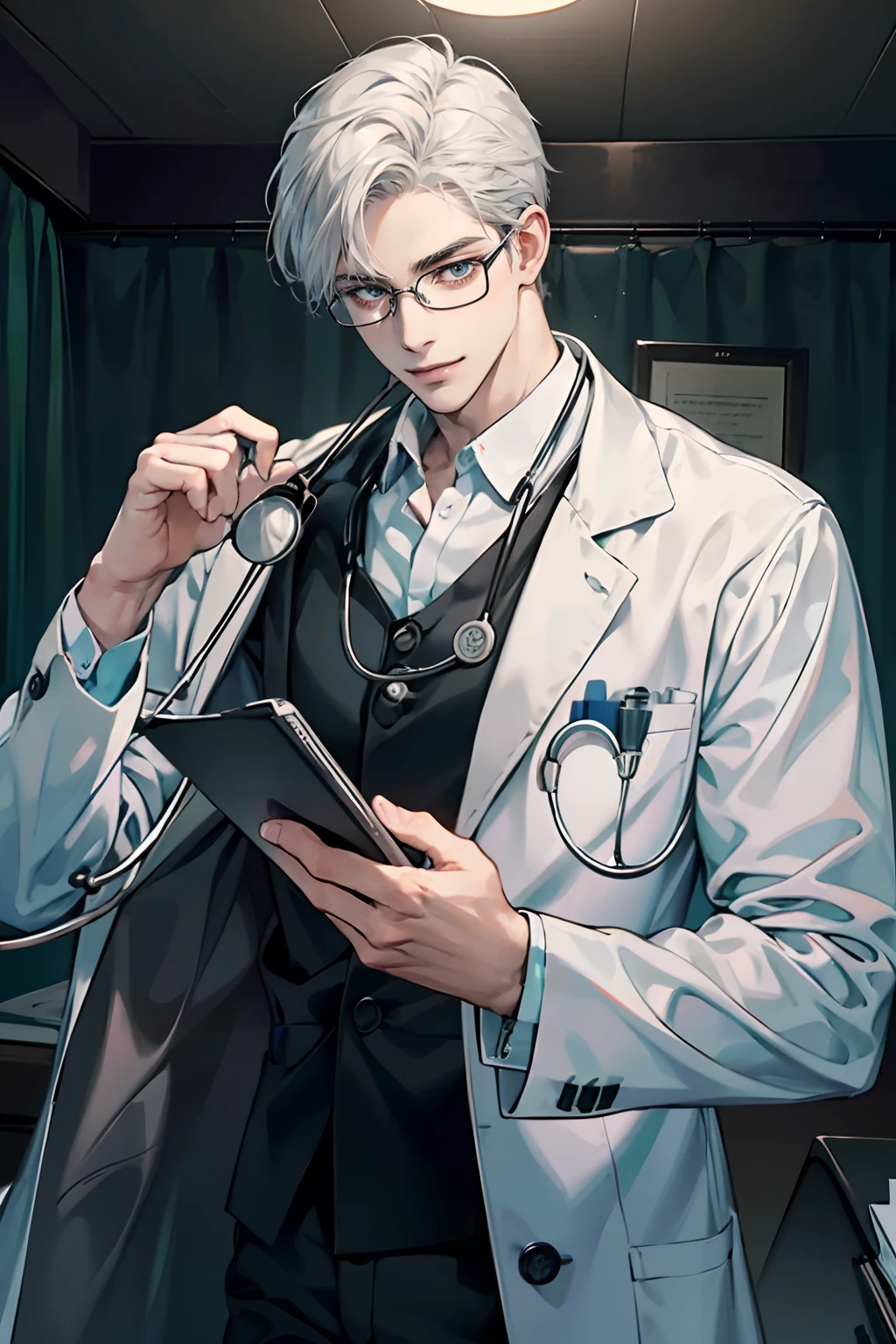 Anime doctor with stethoscope and clipboard in hospital room - SeaArt AI