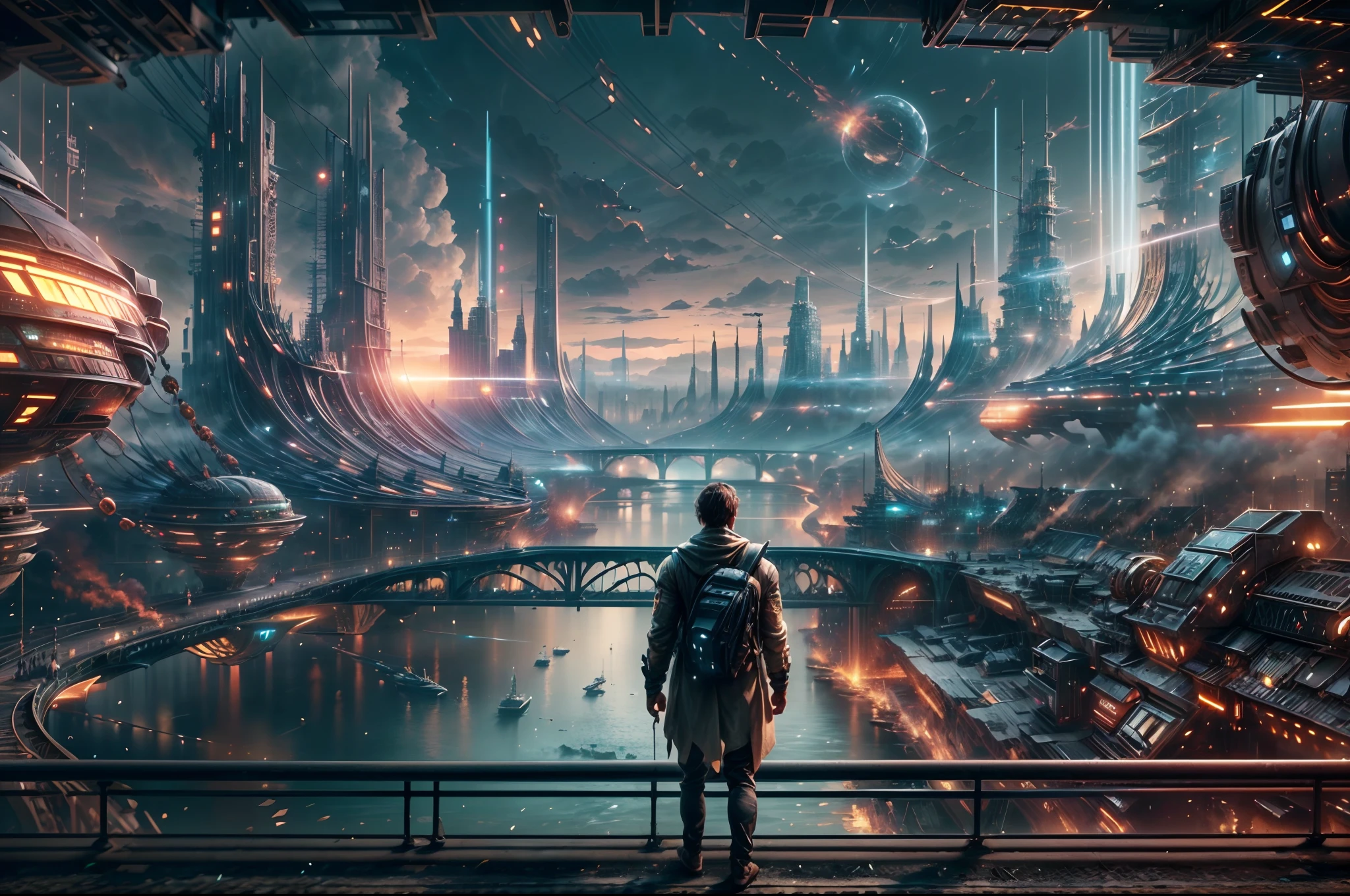 (8k unit wallpaper CG extremely detailed, masterpiece, best quality, ultra-detailed), (((solo)))), ((extremely wide shot:1.15)), a man on a bridge looking at a scifi city in the distance in the background, ((back view)), ((full body)), (high detail), (intricate details), intricate, magnificent scene, detailed environment, highly detailed environment, illustrator, (masterpiece).