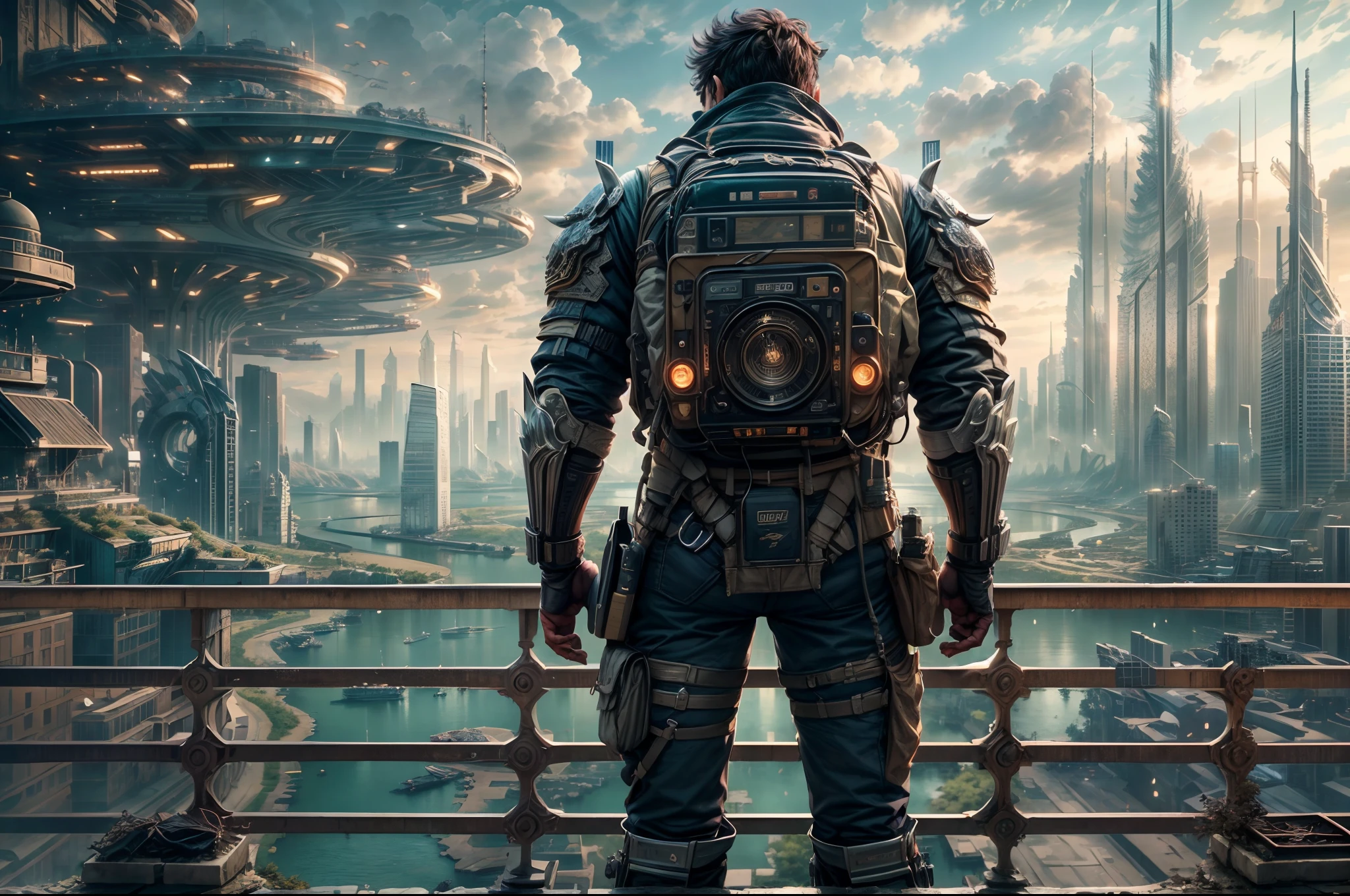 (8k unit wallpaper CG extremely detailed, masterpiece, best quality, ultra-detailed), (((solo)))), ((extremely wide shot:1.15)), a man on a bridge looking at a scifi city in the distance in the background, ((back view)), ((full body)), (high detail), (intricate details), intricate, magnificent scene, detailed environment, highly detailed environment, illustrator, (masterpiece).