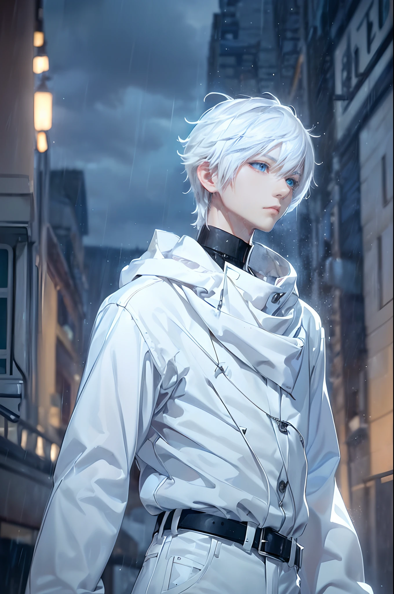 ((4K works))、​masterpiece、(top-quality)、One beautiful boy、Slim body、tall、((Black Y-shirt and white pants、Charming street style))、Please wear one jacket、Wearing a hood to hide his face、(Detailed beautiful eyes)、Morning City、((Rainy city))、Fashionable city with morning rain、During the walk、((Bright, Cloudy sky))、((Face similar to Carly Rae Jepsen))、((Short-haired white hair))、((Smaller face))、((Neutral face))、((Bright blue eyes))、((American adult male))、((Adult male 2))、((Cool Men))、((Like a celebrity))、((Lonely look))、((Korean Makeup))、((elongated and sharp eyes))、((Happy dating))、((boyish))、((Upper body photography))、Professional Photos、((Model photo))、((Shot alone))、((He's under the roof))、((Looking up at the sky))、((photographed from the back))、((He is looking upwards))、((His eyes are looking upwards))、((Increase the angle of the face))、((He is walking in front of the viewer))