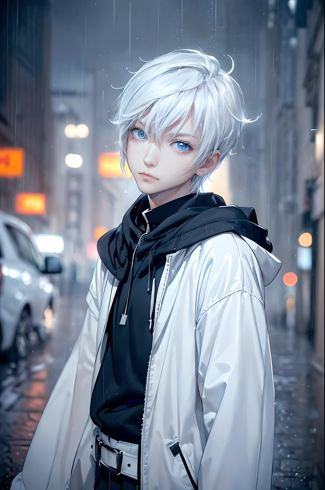 ((4K works))、​masterpiece、(top-quality)、One beautiful boy、Slim body、tall、((Black Y-shirt and white pants、Charming street style))、Please wear one jacket、Wearing a hood to hide his face、(Detailed beautiful eyes)、Morning City、((Rainy city))、Fashionable city with morning rain、During the walk、((Bright, Cloudy sky))、((Face similar to Carly Rae Jepsen))、((Short-haired white hair))、((Smaller face))、((Neutral face))、((Bright blue eyes))、((American adult male))、((Adult male 26 years old))、((Cool Men))、((Like a celebrity))、((Lonely look))、((Korean Makeup))、((elongated and sharp eyes))、((Happy dating))、((boyish))、((Upper body photography))、Professional Photos、((Model photo))、((Shot alone))、((He's under the roof))、((Looking up at the sky))、((photographed from the back))、((He is looking upwards))、((His eyes are looking upwards))、((Increase the angle of the face))、((He is walking in front of the viewer))