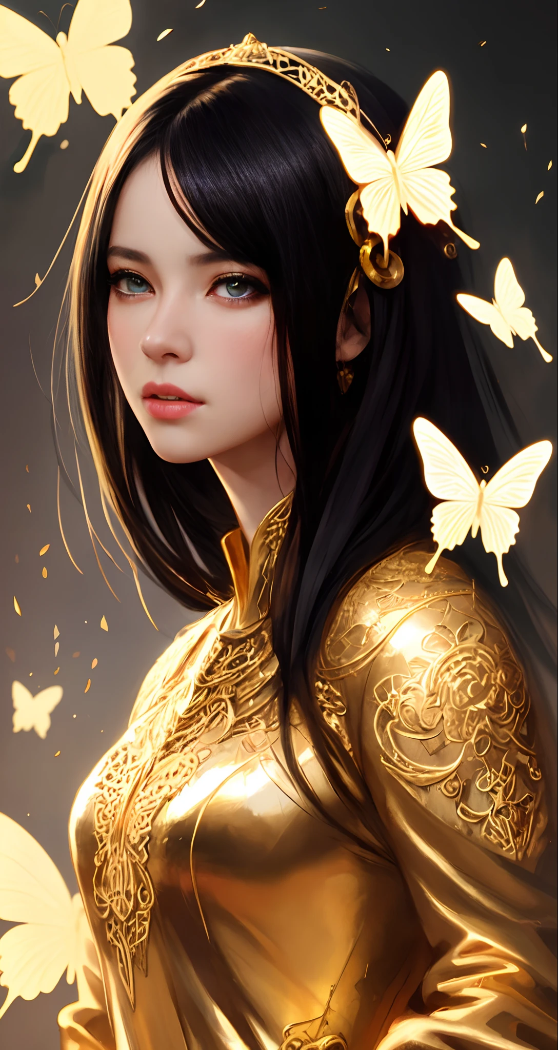 8k portrait of beautiful cyborg with black hair, intricate, elegant, highly detailed, majestic, digital photography, art by artgerm and ruan jia and greg rutkowski surreal painting gold butterfly filigree, broken glass, (masterpiece, sidelighting, finely detailed beautiful eyes: 1.2), hdr