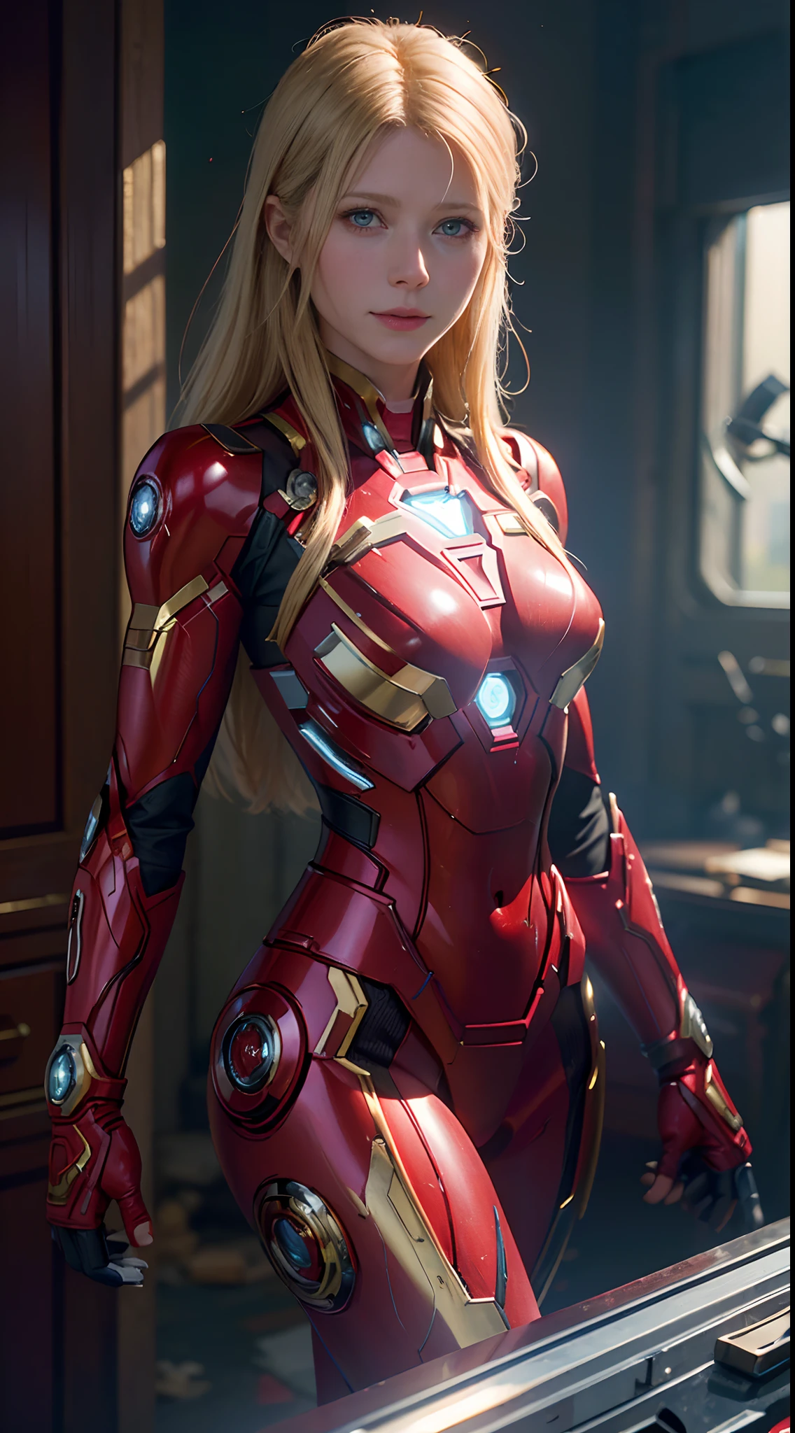 1 chica, Gwyneth Paltrow como Ironman (from marvel studios), traje de ironman rojo (sosteniendo tu casco), mirar al espectador, (obra maestra, mejor calidad, Textura de tela detallada, rostro hermoso y detallado, detalles intrincados, Ultra detallado),  pelo rubio, de pie, (ángulos aleatorios), vista trasera, (mejor calidad, una alta resolución, Fotorrealista, primitivo, edificios destruidos, Fondo abstracto, (8K,obra maestra, ),mejor calidad, Obra maestra8K.hdr. costillas altas:1.2, grano de la película, bokeh borroso:1.2, Destello de lente, (color vivo:1.2), (delicado),