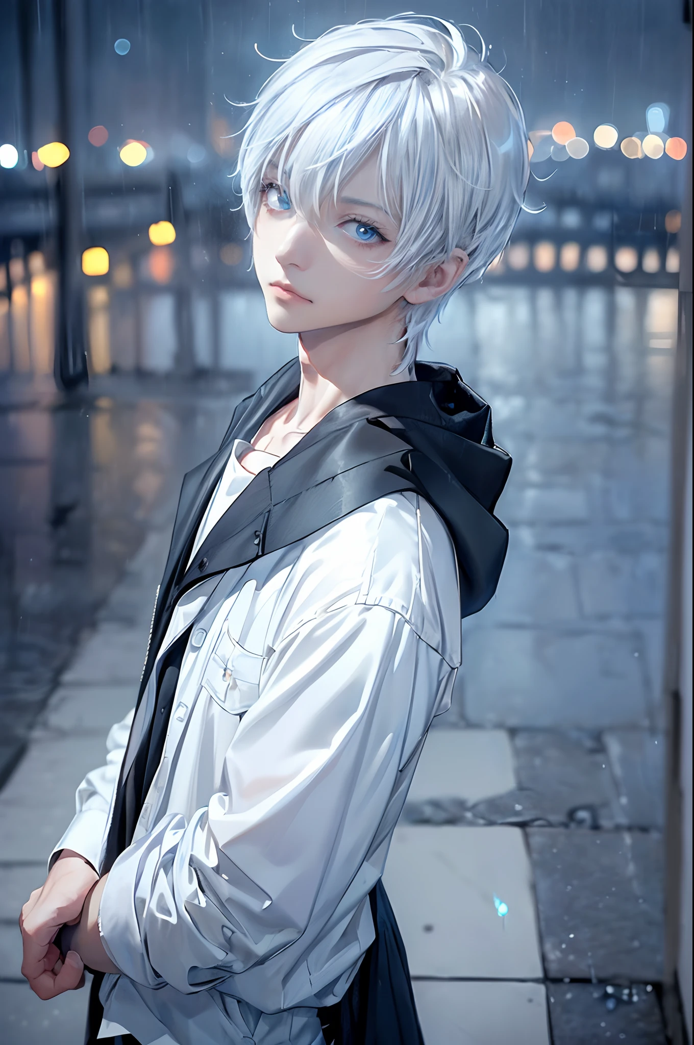 ((4K works))、​masterpiece、(top-quality)、One beautiful boy、Slim body、tall、((Black Y-shirt and white pants、Charming street style))、Please wear one jacket、Wearing a hood to hide his face、(Detailed beautiful eyes)、Morning City、((Rainy city))、Fashionable city with morning rain、During the walk、((Bright, Cloudy sky))、((Face similar to Carly Rae Jepsen))、((Short-haired white hair))、((Smaller face))、((Neutral face))、((Bright blue eyes))、((American adult male))、((Adult male 26 years old))、((Cool Men))、((Like a celebrity))、((Lonely look))、((Korean Makeup))、((elongated and sharp eyes))、((Happy dating))、((boyish))、((Upper body photography))、Professional Photos、((Model photo))、((Shot alone))、((He's under the roof))、((Looking up at the sky))、((photographed from the back))、((He is looking upwards))、((His eyes are looking upwards))、((Increase the angle of the face))、((He is walking in front of the viewer))