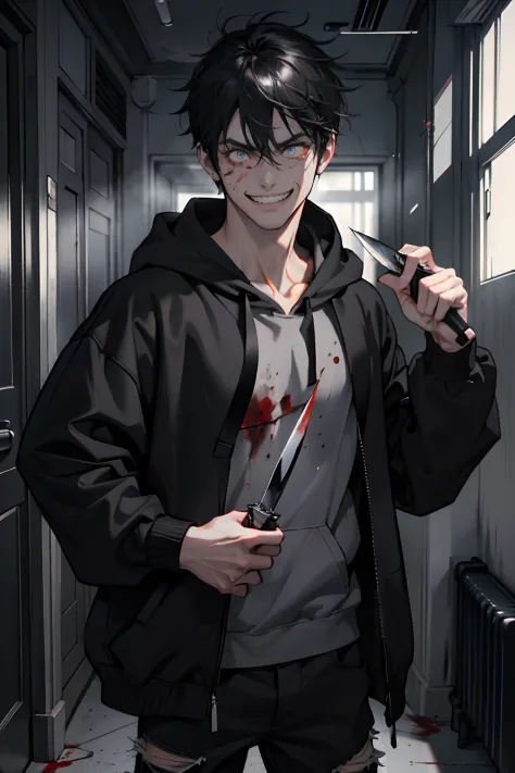 1boys,Adult male, Perfect male body, Eyes look at the camera, (Black hair, Messy hair, Crazy expression, Gray hoodie,blood in face,With a knife in his hand), (Crazy smile:1.2) , (Mad eyes:1.3) , (wide-eyed:1.2,small pupil, grin),dark hallway,Dim light,