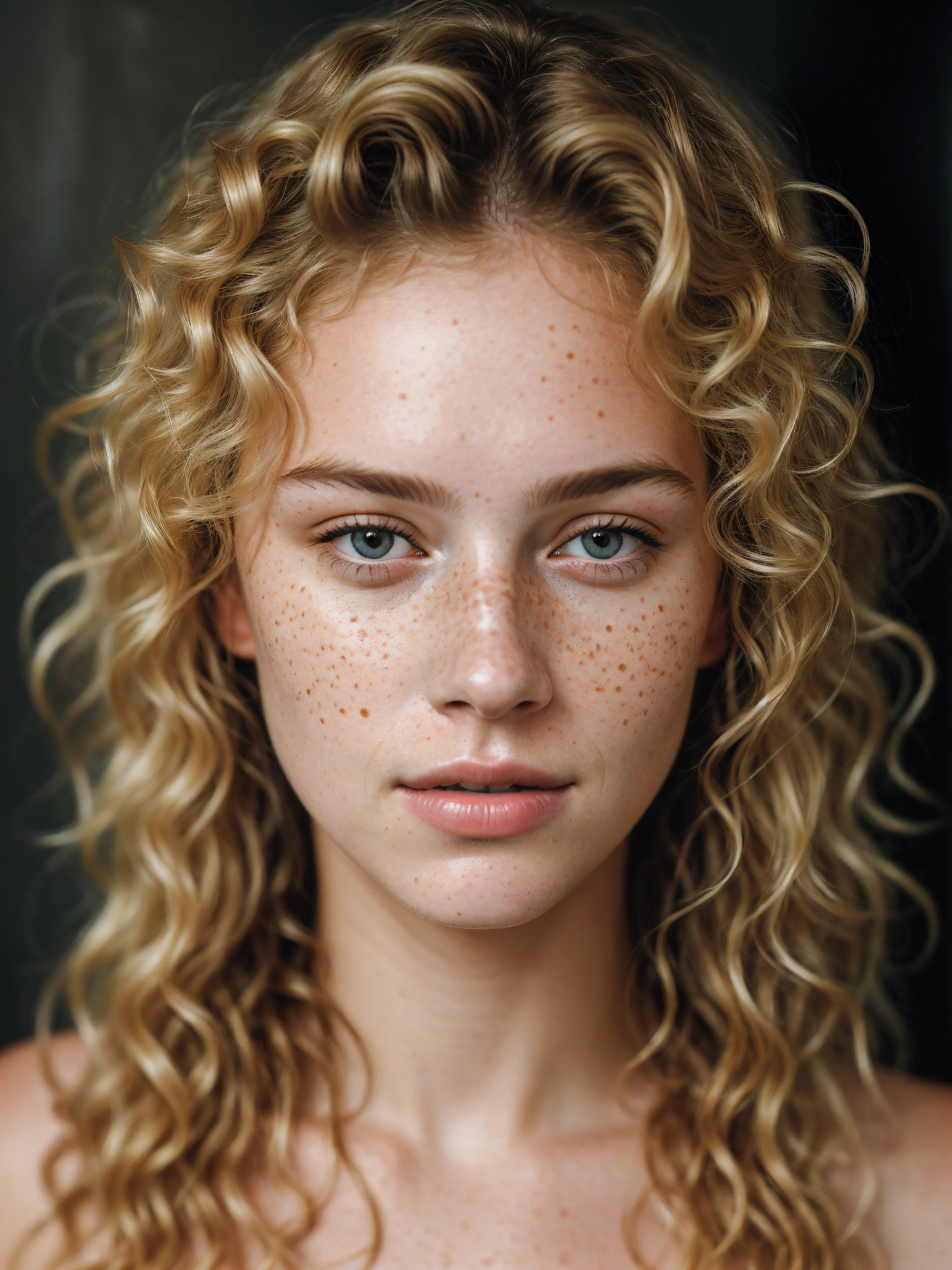 une photo portrait d&#39;une belle femme avec des boucles et beaucoup de taches de rousseur, (Cheveux blonds sales), (face portrait:1.5), lumière dramatique , Schéma d&#39;éclairage de Rembrandt, (Hyperréalisme:1.2), (Photoréaliste:1.2), tourné avec Canon EOS 5D Mark IV, Visage détaillé, Cheveux détaillés