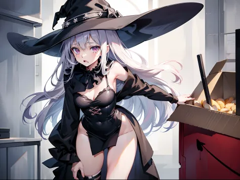 1 girl, character focus, close to viewer , cowboy shot, from side, ((lift up cardboard box)), ((Bent over)), witch hat ,mournful, tears,open mouth, light gray hair, pale pink eyes, background room,high resolution,(incredibly absurdres),anime visual,extreme...