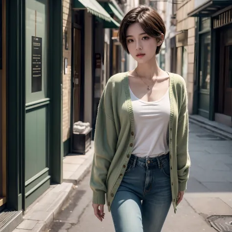 1female, solo, short hair, jeans, green cardigan, necklace, walking, looking at viewer, street, best quality, masterpiece, cinematic lighting, add_detail:1