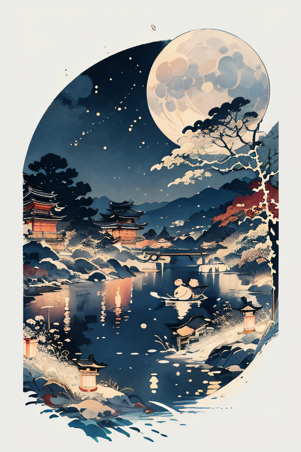 傑作,最高品質,かわいい浮世絵,夜,月,