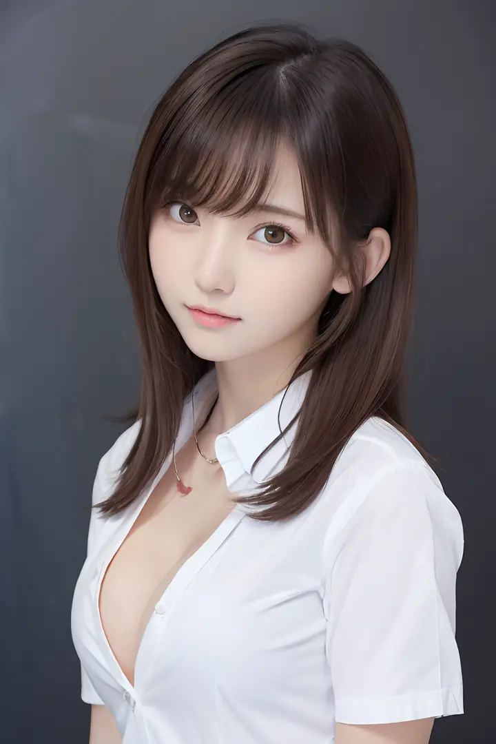 masutepiece, Best Quality, One girl, (Beautiful Girl:1.3), (18 years old:1.3), Very fine eye definition, (Symmetrical eyes:1.3), (school teacher, blackboard:1.2), (business shirt, open white shirt, cleavage:1.3), beautiful breasts, Brown eyes, Parted bangs...