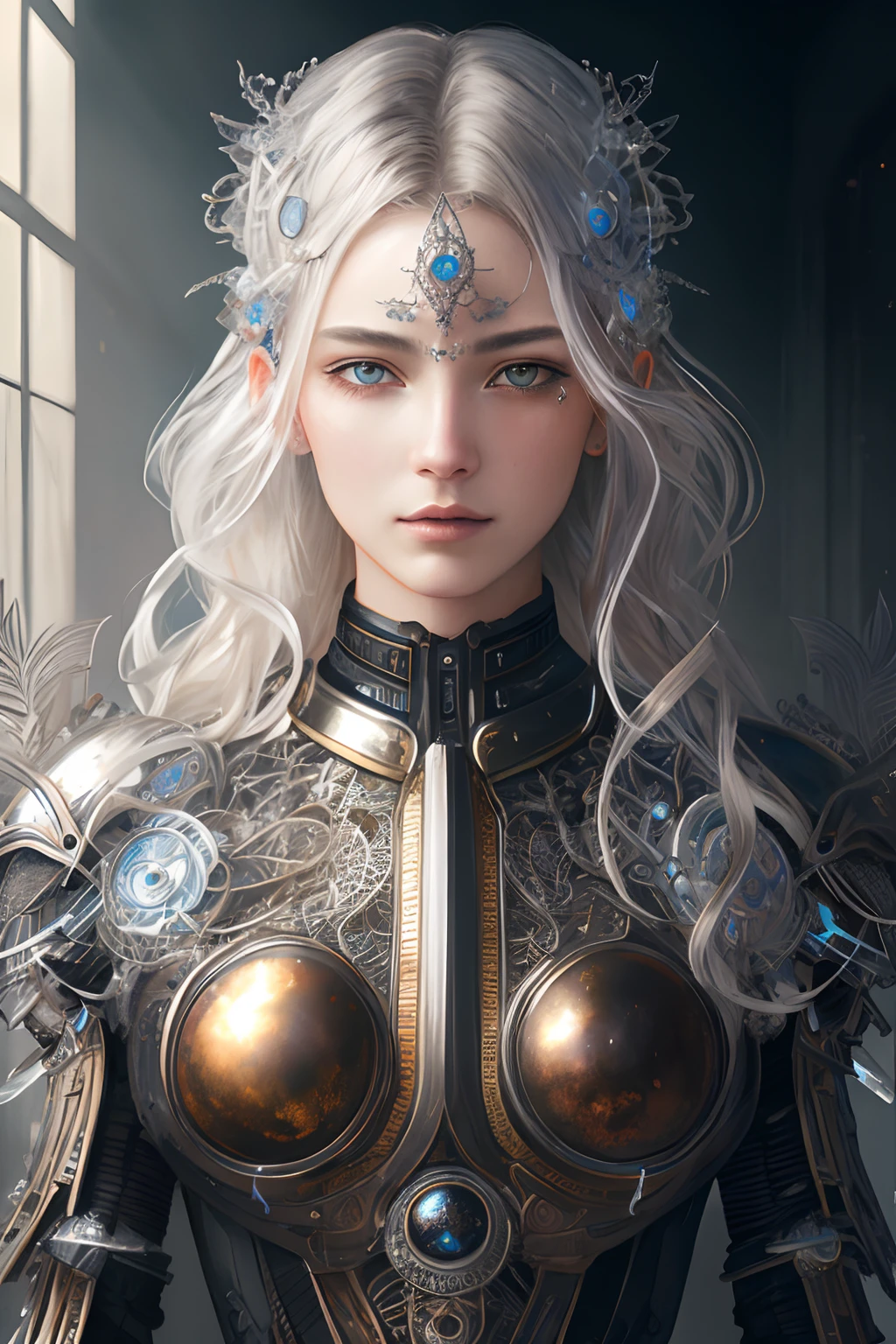 Portrait of a beautiful cyborg with 8k silver hair, messy hair, front view, intricate, elegant, detailed, majestic, digital photography, artgerm and artwork by Ruan Jia and Greg Rutkowski, surreal painting, filigree, broken Glass, (Masterpiece, Sidelight, Delicately Beautiful Brown Eyes: 1.2), HDR, Full Front View