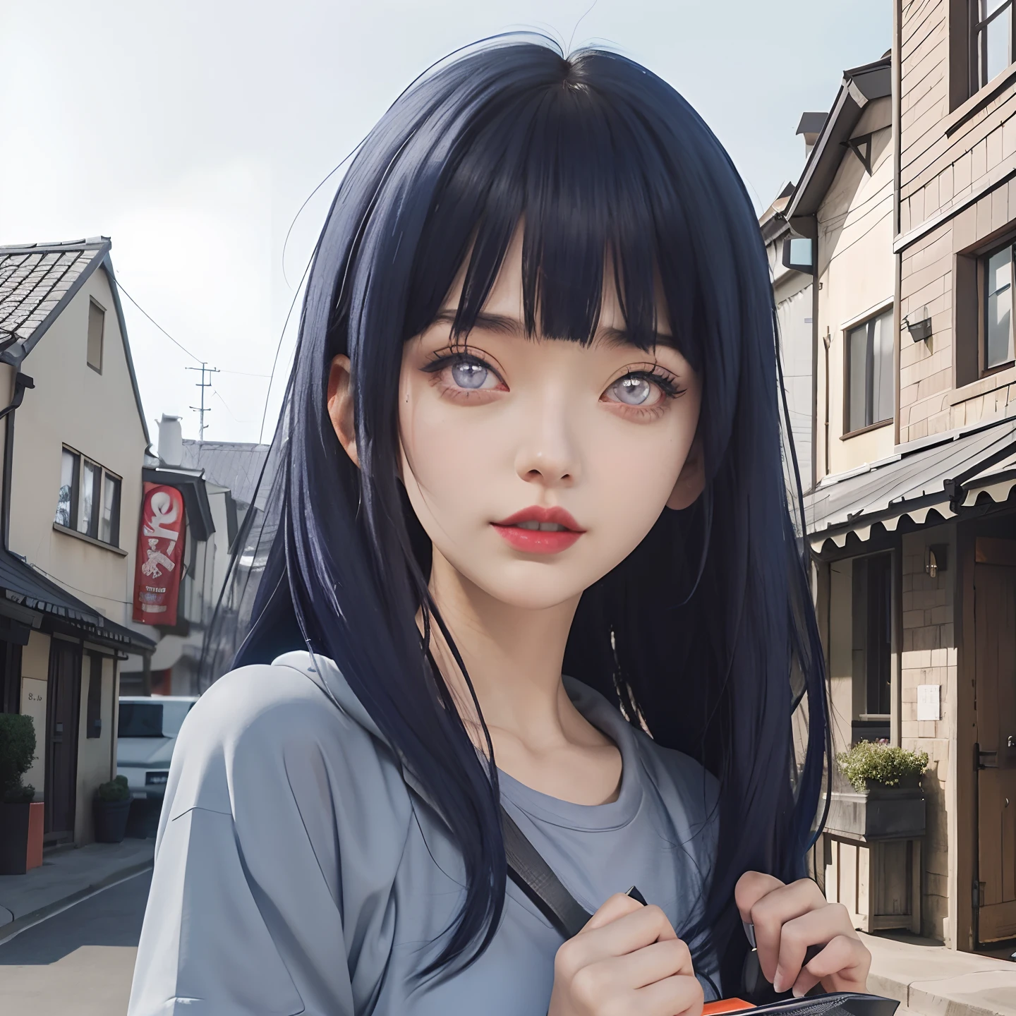 eine Nahaufnahme einer Person mit langen Haaren und einem Kapuzenpullover, Hinata Hyuga, Hinata Hyuga von naruto, von naruto, as an Anime-Figur, perfektes Anime-Gesicht, she has dunkelblaue Haare with bangs, female Anime-Figur, Anime-Figur, Anime Bestes Mädchen, Hime-Cut-Frisur, dunkelblaue Haare, (rote glänzende Lippen:1.3), hellviolette Augen, Große Brüste, Realistisch, Ultra-Detail, innenhintergrund