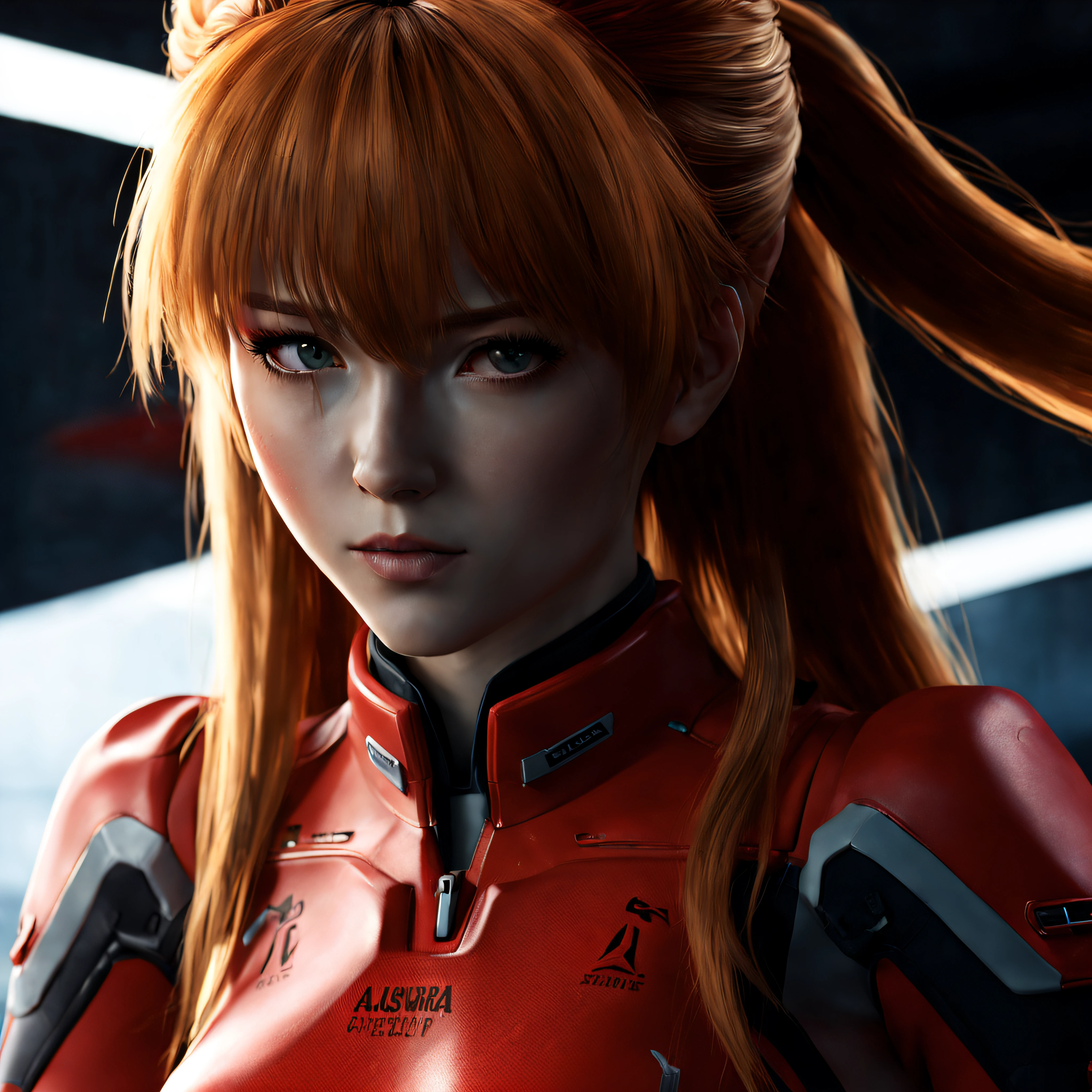 Ultra-detailed,8K,Detailed light,detailed shadow,raw, (Detailed skin),(Realistic:1.2),Asuka Langley Soryu touching her hair, Futuristic red hangar door background