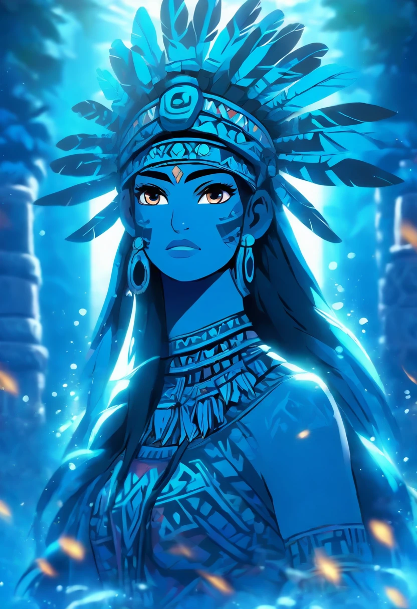 (((Aztec Goddess))) best quality, very high resolution, 4K detailed CG, masterpiece, Aztec mythology, water goddess, Chalchiuhtlicue, blue feathers, Mexico, standing pose, Aztec clothing, Aztec city, (( blue feathers)) , aesthetic, beautiful image, centered on the screen, standing pose