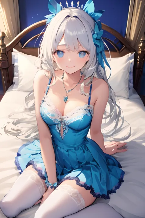 Glowing blue butterfly，Blue sexy nightdress，1girll，blue color eyes，long  white hair，indoor room，Lie down in bed， Blush, Smile, cheerfulness, Masterpiece, Best quality, There is a gemstone necklace around the neck，A high resolution,Detail enhancement，best q...