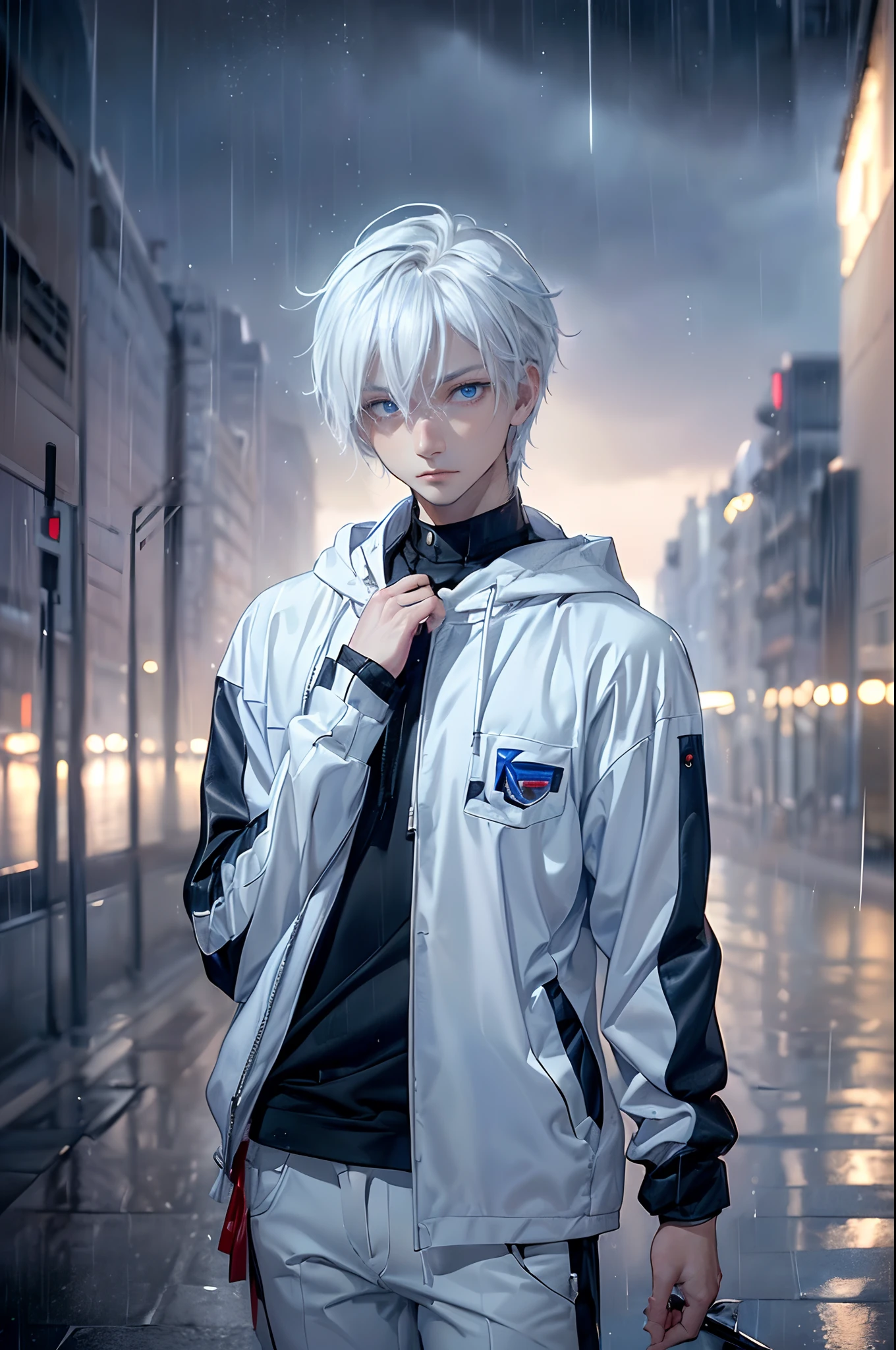 ((4K works))、​masterpiece、(top-quality)、One beautiful boy、Slim body、tall、((Black Y-shirt and white pants、Charming street style))、Please wear one jacket、Wearing a hood to hide his face、(Detailed beautiful eyes)、Morning City、((Rainy city))、Fashionable city with morning rain、During the walk、((Bright, Cloudy sky))、((Face similar to Carly Rae Jepsen))、((Short-haired white hair))、((Smaller face))、((Neutral face))、((Bright blue eyes))、((American adult male))、((Adult male 2))、((Cool Men))、((Like a celebrity))、((Glaring expression))、((Wild look))、((Korean Makeup))、((elongated and sharp eyes))、((Happy dating))、((boyish))、((Upper body photography))、Professional Photos、((Model photo))、((Shot alone))、((He's under the roof))、((Looking up at the sky))、((photographed from the back))、((He is looking upwards))、((His eyes are looking upwards))、((Increase the angle of the face))、((He is walking in front of the viewer))