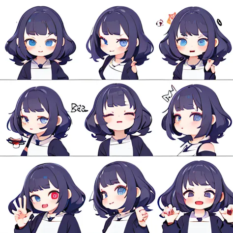 cute female child，Emoji pack，9 emojis，emoji sheet of，Align arrangement，9 poses and expressions，Anthropomorphic style，9 different emotions，9 poses and expressions，8K