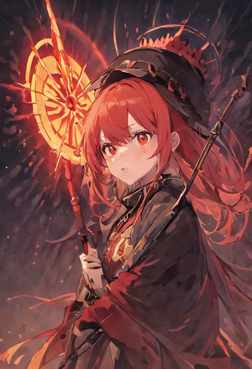 A woman with red hair holding a sword and a fire - SeaArt AI