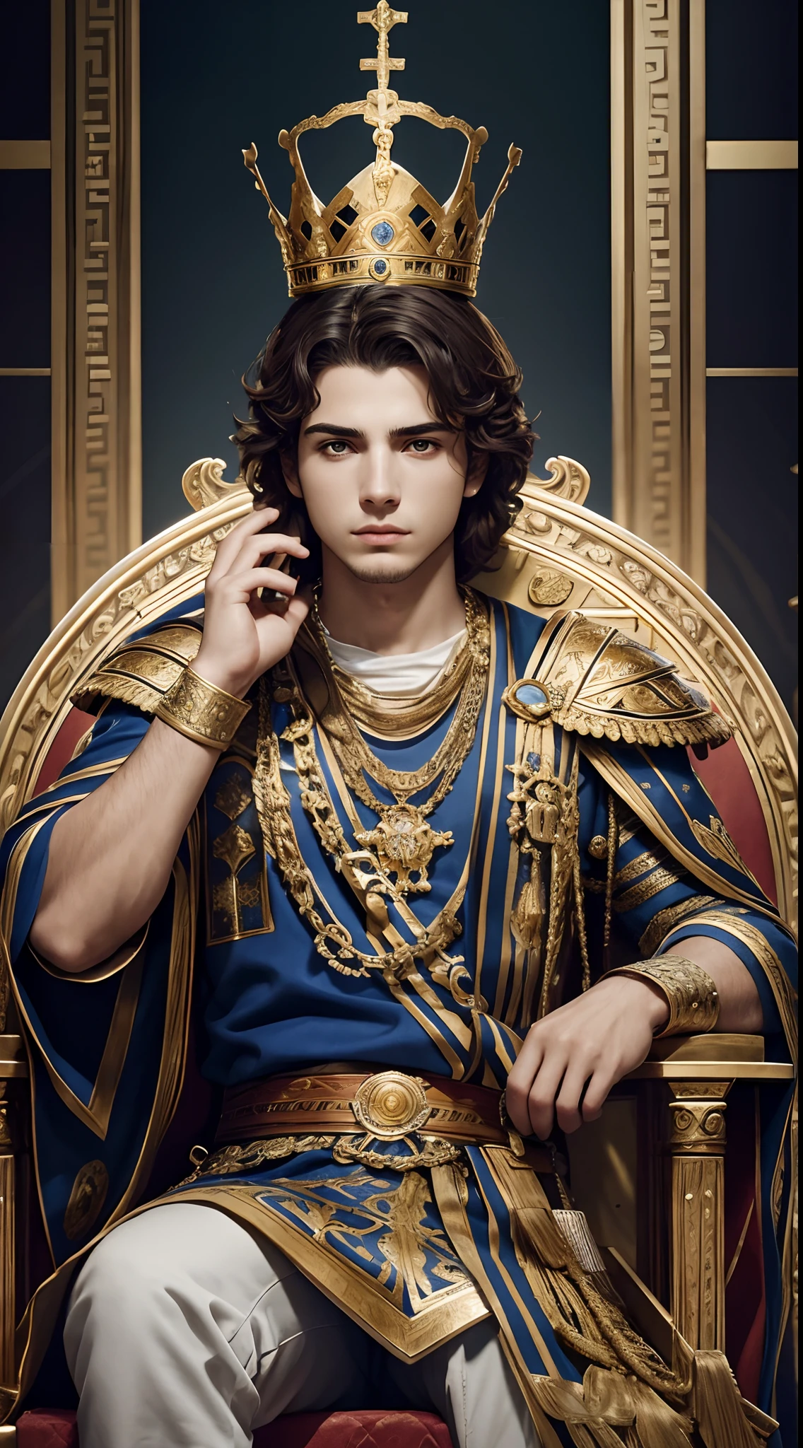 Молодой греческий король сидит на троне королевского дворца.，（великолепный，эпическая композиция），Будьте пугающими，богато украшенная броня，Роскошная корона，неопределенный фон，естественное освещение，Высокая детализация 8K